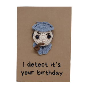Ευχετήρια κάρτα με ντετέκτιβ - Σέρλοκ Χολμς - γενέθλια, χιουμοριστικό, amigurumi