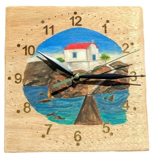 Ξύλινο ρολόι τοίχου με αθόρυβο μηχανισμό ζωγραφισμένο στο χέρι. Διαστάσεις 20x20 εκατοστά. - ξύλο, ζωγραφισμένα στο χέρι, τοίχου
