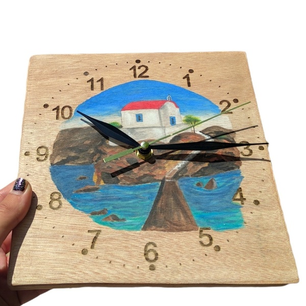 Ξύλινο ρολόι τοίχου με αθόρυβο μηχανισμό ζωγραφισμένο στο χέρι. Διαστάσεις 20x20 εκατοστά. - ξύλο, ζωγραφισμένα στο χέρι, τοίχου - 2