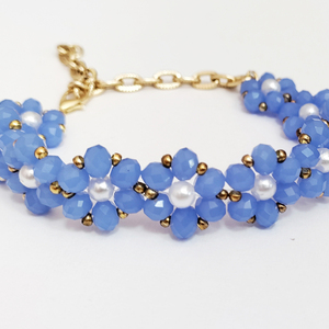 Βραχιόλι πλεχτό με μπλε κρυσταλλάκια - αλυσίδες, χάντρες, λουλούδι, χεριού, αυξομειούμενα