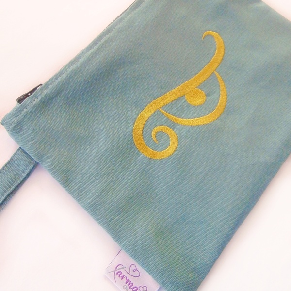 Γυναικεία τσάντα χειρός 22x28 εκ χρώμα μέντας με κέντημα μάτι χρυσό - ύφασμα, φάκελοι, all day, χειρός, μικρές - 2