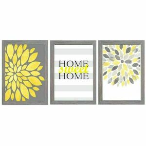 Σετ 3 καδράκια " Home sweet home " σε γκρι-κίτρινο με ξύλινη κορνίζα σε γκρι χρώμα (21 χ 16 εκ. ) - πίνακες & κάδρα, διακόσμηση σαλονιού