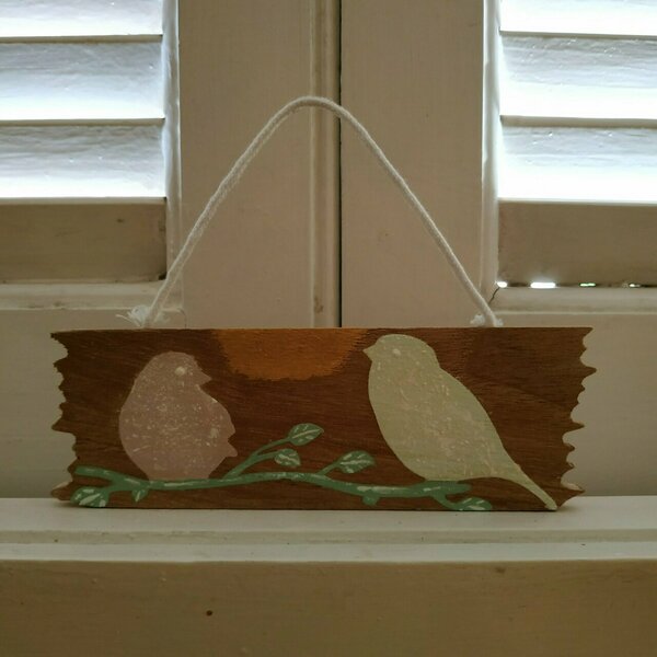 Ξύλινο διακοσμητικό με απεικόνιση "πουλιά σε κλαδί" 16x6εκ. - ζωγραφισμένα στο χέρι, διακοσμητικά, διακόσμηση βεράντας - 5