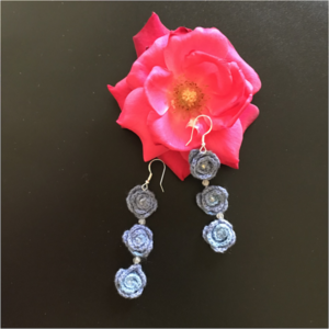 χειροποίητα πλεκτά σκουλαρίκια "blue roses", με γάντζες ασήμι 925, 7,5 x 1,5 εκ περίπου - ασήμι 925, κρεμαστά, γάντζος, πλεκτά - 2