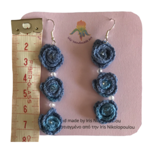 χειροποίητα πλεκτά σκουλαρίκια "blue roses", με γάντζες ασήμι 925, 7,5 x 1,5 εκ περίπου - ασήμι 925, κρεμαστά, γάντζος, πλεκτά - 4