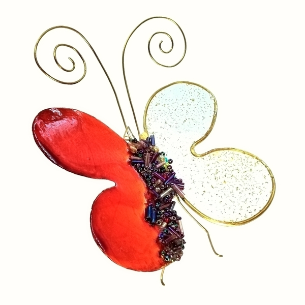 διακοσμητικές πεταλούδες από μέταλλο και υγρό γυαλί κόκκινο χρυσό14Χ11Χ6 - μέταλλο, διακοσμητικά
