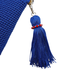 Πλεκτή τσάντα μπλε ρουά με ματάκι, φούντα και εντυπωσιακή αλυσίδα - νήμα, clutch, ώμου, μεγάλες, πλεκτές τσάντες - 4