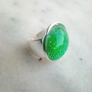 Δαχτυλίδι με χειροποίητο καμπουσον διάφανο πράσινο με γκλιτερ - γυαλί, boho, μεγάλα, δώρα γενεθλίων, αυξομειούμενα - 3