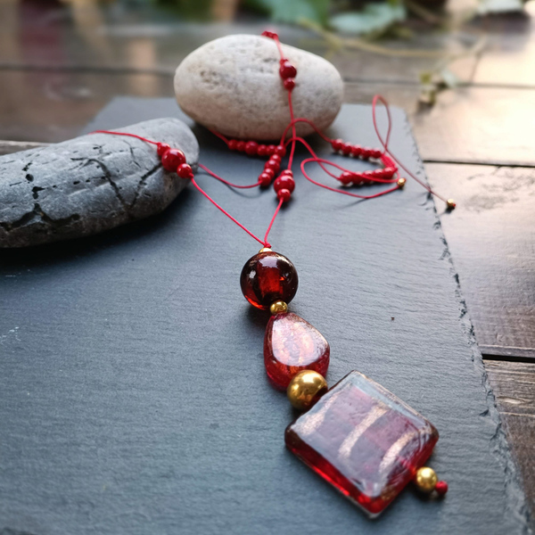 Κόκκινο κολιέ με γυάλινα στοιχεία - ημιπολύτιμες πέτρες, γυαλί, χαολίτης, μακριά, μεγάλα - 4