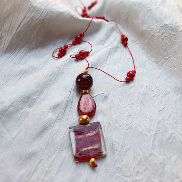 Κόκκινο κολιέ με γυάλινα στοιχεία - ημιπολύτιμες πέτρες, γυαλί, χαολίτης, μακριά, μεγάλα - 5