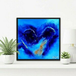Blue heart, χειροποίητος πίνακας 20χ20χ4 σε καμβά, με ακρυλικά χρώματα, ανάγλυφες λεπτομέρειες και υγρό γυαλί - γυαλί, πίνακες & κάδρα, χειροποίητα, πίνακες ζωγραφικής
