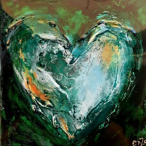 Green heart.Χειροποίητος πίνακας ζωγραφικής σε τελαρωμένο καμβά, με ακρυλικά και υφές περασμένο σε υγρό γυαλί. Διάσταση 20χ20χ4 - γυαλί, πίνακες & κάδρα, 3d, πίνακες ζωγραφικής