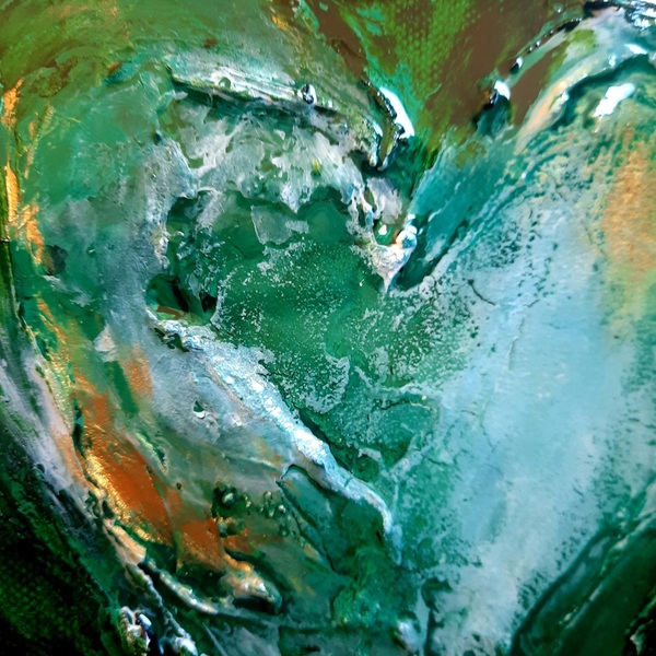 Green heart.Χειροποίητος πίνακας ζωγραφικής σε τελαρωμένο καμβά, με ακρυλικά και υφές περασμένο σε υγρό γυαλί. Διάσταση 20χ20χ4 - γυαλί, πίνακες & κάδρα, 3d, πίνακες ζωγραφικής - 2