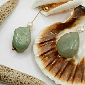 Σκουλαρίκια boho με ημιπολύτιμες χάντρες αβεντουρίνη και μαργαριτάρια - πράσινο - ημιπολύτιμες πέτρες, boho - 4