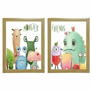 Σετ 2 παιδικά καδράκια " monster friends " με ξύλινη κορνίζα σε φυσικό χρώμα (21 χ 16 εκ. ) - πίνακες & κάδρα, κορίτσι, αγόρι, παιδικά κάδρα