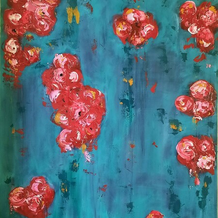 Flying roses,Χειροποίητος πίνακας ζωγραφικής με ακρυλικά χρώματα και ανάγλυφα λουλούδια σε διάσταση 100χ70χ4 - πίνακες & κάδρα, λουλούδια, χειροποίητα, πίνακες ζωγραφικής