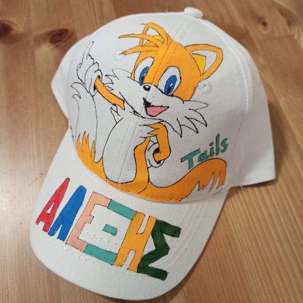 παιδικό καπέλο jockey με όνομα και θέμα tails the fox από sonic ( σόνικ ) - ζωγραφισμένα στο χέρι, όνομα - μονόγραμμα, personalised, καπέλα - 3