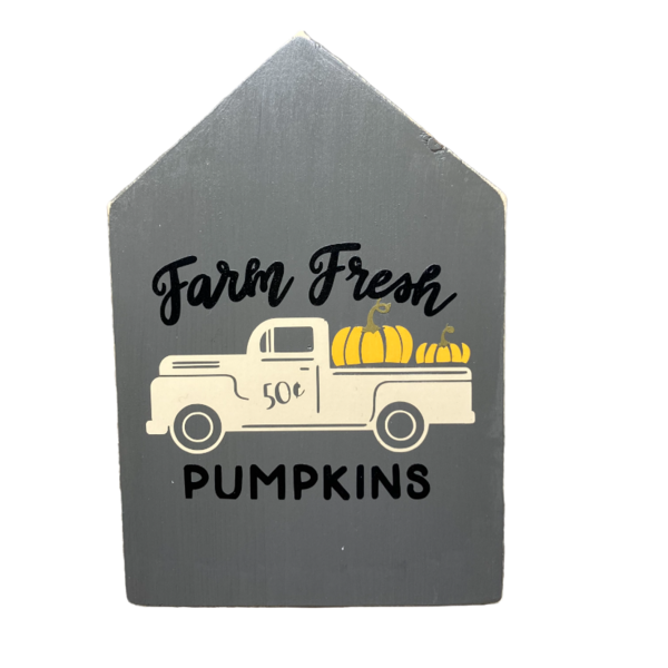 Ξυλινο φθινοπωρινο σπιτακι πλακε "FARM FRESH PUMPKINS" σε γκρι χρωμα , διαστ. 11,50 x 17 - ξύλο, σπίτι, φθινόπωρο, διακοσμητικά