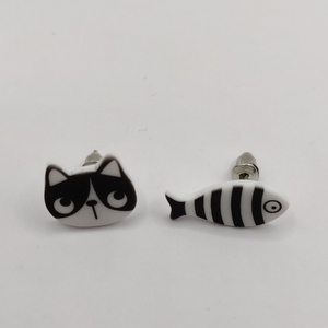 Σκουλαρίκια γάτα - ψαράκι - πλαστικό, ψάρι, καρφωτά, μικρά, γατούλα - 5