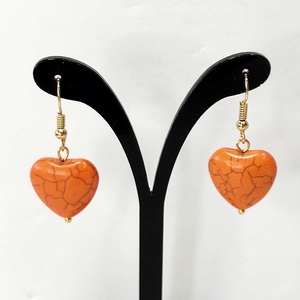 Σκουλαρίκια με πορτοκαλί καρδιές χαολίτη - ημιπολύτιμες πέτρες, επιχρυσωμένα, μικρά, boho, κρεμαστά - 2