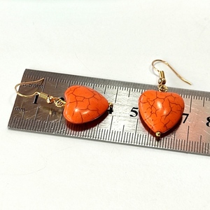 Σκουλαρίκια με πορτοκαλί καρδιές χαολίτη - ημιπολύτιμες πέτρες, επιχρυσωμένα, μικρά, boho, κρεμαστά - 3
