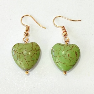 Σκουλαρίκια με πράσινες καρδιές χαολίτη - ημιπολύτιμες πέτρες, επιχρυσωμένα, μικρά, boho, κρεμαστά - 3