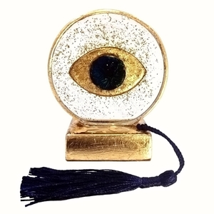 επιτραπέζιο γούρι ρόδι υγρό γυαλί χρυσό μπλε μάτι 9Χ7Χ4 - γυαλί, ρόδι, γούρια