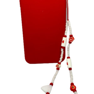 Phone strap - Λουράκι για το κινητό red & white με κόκκινες και λευκές χάντρες - statement, charms, λουράκια - 5