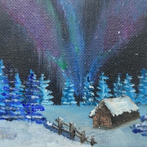 Καμβαδάκι ζωγραφισμένο με ακρυλικά. Χιονισμένο χειμωνιάτικο τοπίο. Διαστάσεις 10 εκ * 10 εκ. - ζωγραφισμένα στο χέρι, πίνακες & κάδρα, πίνακες ζωγραφικής - 3
