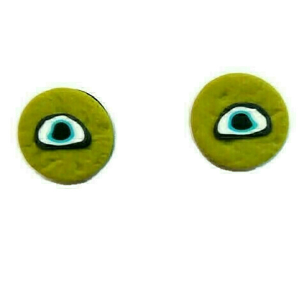 Χειροποίητα σκουλαρίκια καρφωτα σε πρασινο χρωμα με ματακια.Σκουλαρικια από πολυμερικό πηλο. Κοσμήματα με Ματάκια,,μοναδικο σχεδιο.-Αντίγραφο - πηλός, μάτι, καρφωτά, μικρά, evil eye