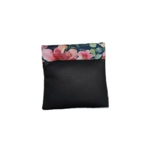 Snap bag πορτοφολάκι για κέρματα μαύρο δερματίνη με λουλούδια πετρόλ ύφασμα - ύφασμα, λουλούδια, δερματίνη, πορτοφόλια κερμάτων