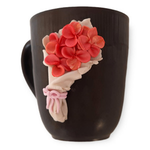 Κούπα μπουκέτο με λουλούδια από πολυμερικό πηλό - πορσελάνη, κούπες & φλυτζάνια, πολυμερικό πηλό