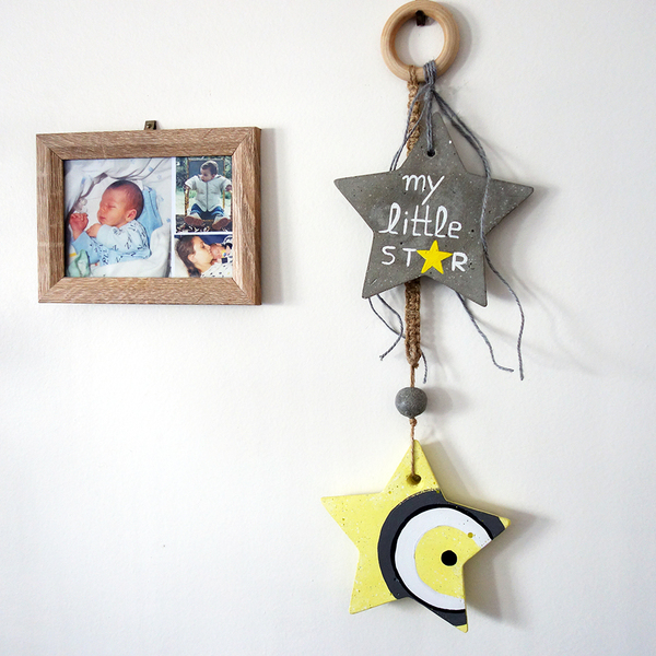 Κρεμαστό Τσιμεντένιο Διακοσμητικό Φυλαχτό " My little STAR " γκρι - κίτρινο - αστέρι, δώρο γέννησης, φυλαχτά, διακοσμητικό παιδικού δωματίου, ενθύμια γέννησης - 2