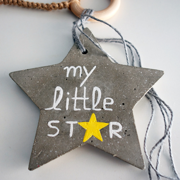 Κρεμαστό Τσιμεντένιο Διακοσμητικό Φυλαχτό " My little STAR " γκρι - κίτρινο - αστέρι, δώρο γέννησης, φυλαχτά, διακοσμητικό παιδικού δωματίου, ενθύμια γέννησης - 4