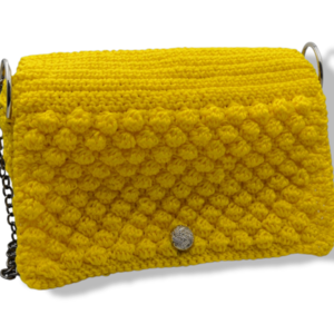 Πλεκτή κίτρινη τσάντα ώμου, με εσωτερική επένδυση και ασημένια αλυσίδα 23*7*15 cm - νήμα, ώμου, πλεκτές τσάντες, μικρές - 2
