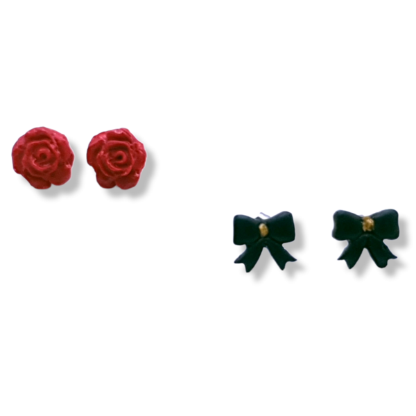 "Red roses stud set I " I Χειροποίητα μοντέρνα καρφωτά σκουλαρίκια από πολυμερικό πηλό - set 2 ζευγάρια- χρώμα κόκκινο / μαύρο - πηλός, λουλούδι, καρφωτά, μικρά, φθηνά