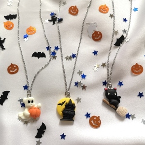 Halloween κολιέ μαύρη γάτα από πολυμερικό πηλό και ασημί ατσάλινη αλυσίδα. Μήκος 40 εκ. - charms, πηλός, halloween, ατσάλι - 5
