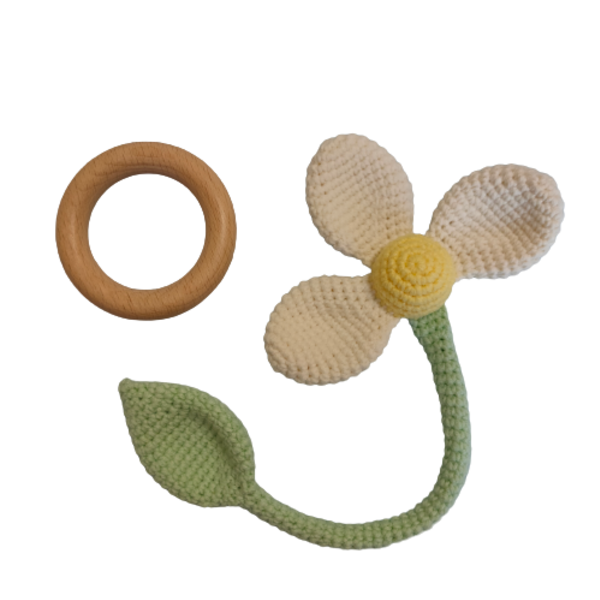 Μασητικό ξύλινος κρίκος κουδουνίστρα λουλούδι πλεκτό 0-24 μηνών - βρεφικά, δώρα για μωρά, μασητικό, μασητικά μωρού, ξύλινα παιχνίδια - 2