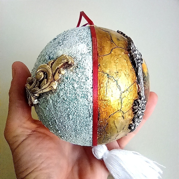 Χριστουγεννιάτικη μπάλα vintage με Άγιο Βασίλη - πηλός, χριστουγεννιάτικα δώρα, στολίδια, μπάλες - 5