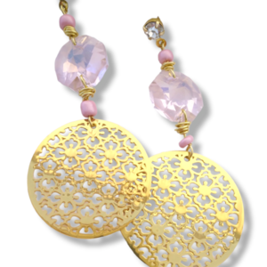 Μακριά σκουλαρίκια με κρυσταλλα ροζ και χρυσό φιλιγκρί part 1 - ημιπολύτιμες πέτρες, χάντρες, μακριά, κρεμαστά, μεγάλα - 2