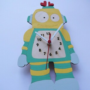 Ξύλινο ρολόι τοίχου Ρομπότ 30εκ - αγόρι, ρολόι, δώρο, ρολόγια, διακοσμητικό παιδικού δωματίου - 2