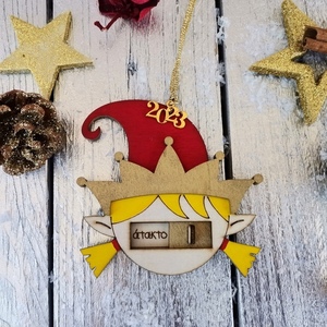 Ξύλινο Χριστουγεννιάτικο Στολίδι γούρι 3D ξωτικό κορίτσι με διακόπτη καλό ή άτακτο - ξύλο, χριστουγεννιάτικα δώρα, στολίδια - 2