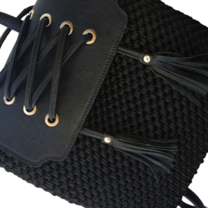 Πλεκτή μαύρη τσάντα σακίδιο κορσέ - νήμα, πλάτης, μεγάλες, πλεκτές τσάντες - 3
