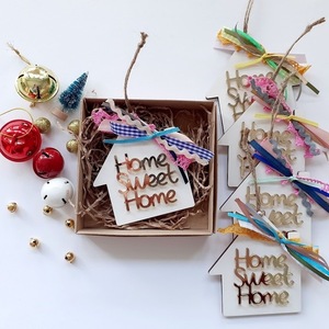 Στολίδι σπίτι Home sweet home - ξύλο, σπίτι, plexi glass, γούρια - 3
