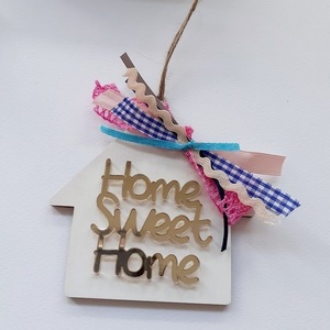 Στολίδι σπίτι Home sweet home - ξύλο, σπίτι, plexi glass, γούρια - 5