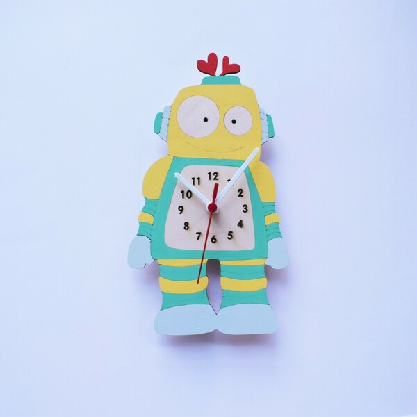 Ξύλινο ρολόι τοίχου Ρομπότ 30εκ - αγόρι, ρολόι, δώρο, ρολόγια, διακοσμητικό παιδικού δωματίου - 4