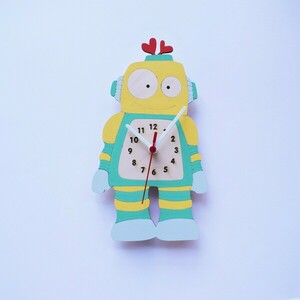 Ξύλινο ρολόι τοίχου Ρομπότ 30εκ - αγόρι, ρολόι, δώρο, ρολόγια, διακοσμητικό παιδικού δωματίου - 4