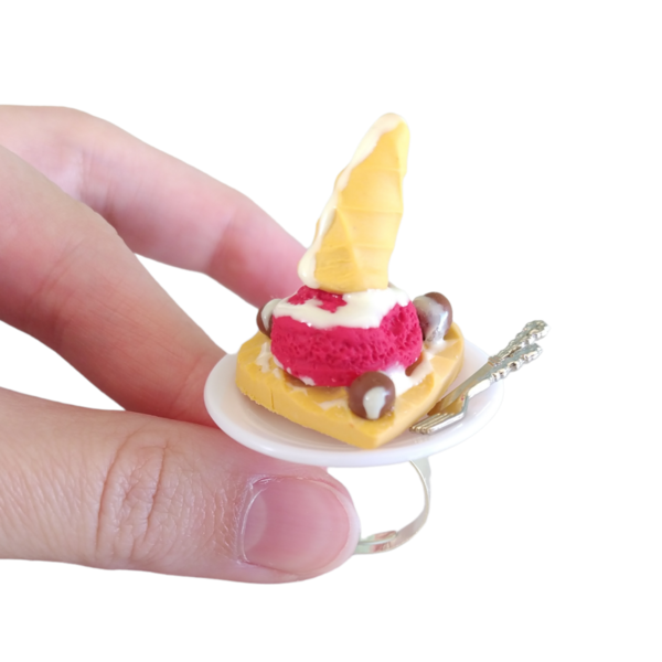 Δαχτυλίδι βάφλα καρδιά με παγωτό καρπούζι με πολυμερικό πηλό / μεγάλο / μεταλλική βάση / αυξομειούμενο / Twice Treasured-Αντίγραφο - πηλός, cute, γλυκά, αυξομειούμενα, kawaii - 3