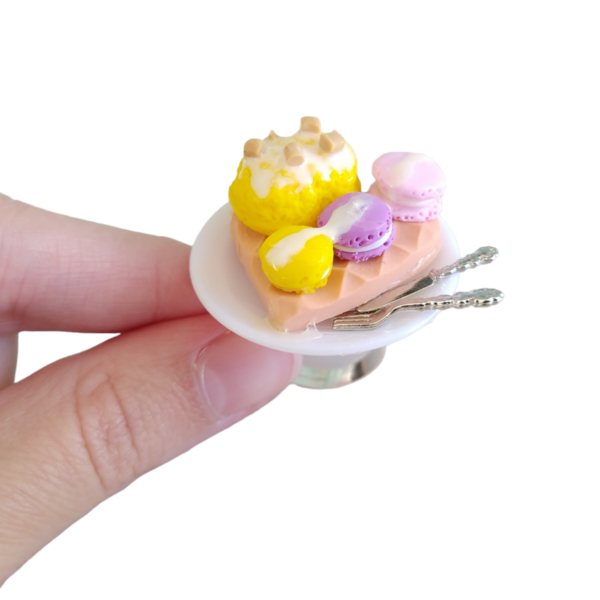 Δαχτυλίδι βάφλα καρδιά με παγωτό λεμόνι και macarons με πολυμερικό πηλό / μεγάλο / μεταλλική βάση / αυξομειούμενο / Twice Treasured - πηλός, cute, γλυκά, αυξομειούμενα, kawaii - 3