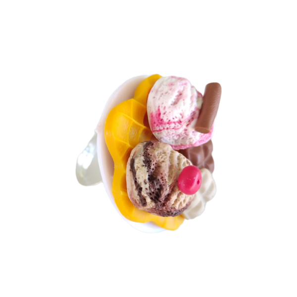 Δαχτυλίδι βάφλα με 2 μπάλες παγωτό και 2 μπάρες σοκολάτας με πολυμερικό πηλό / μεγάλο / μεταλλική βάση / αυξομειούμενο / Twice Treasured - πηλός, cute, γλυκά, αυξομειούμενα, kawaii - 4